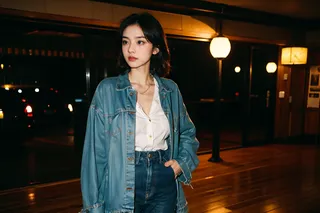 A mature woman wearing an oversized denim jacket and denim jeans stands indoors at night, illuminated by warm lantern-style lights.