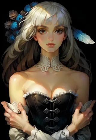 Portrait of a calm white-haired woman with brown eyes wearing a black corset and lace collar, adorned with blue feathers, set against a black background.