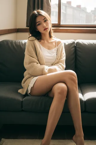A girl sitting on a cozy couch with her legs crossed, wearing a beige cardigan over a white dress, bathed in soft natural light from a nearby window.