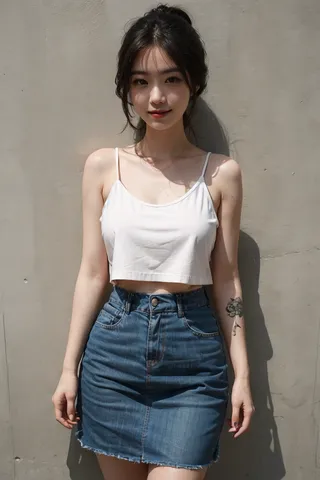 A young slender woman with white skin wearing a white crop top and a blue denim mamian skirt, posing with a slight smirk and a floral tattoo on her left forearm against a plain background.