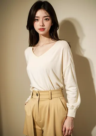 Retrato de uma jovem com camiseta de manga longa bege e calça bege de cintura alta contra um fundo neutro simples