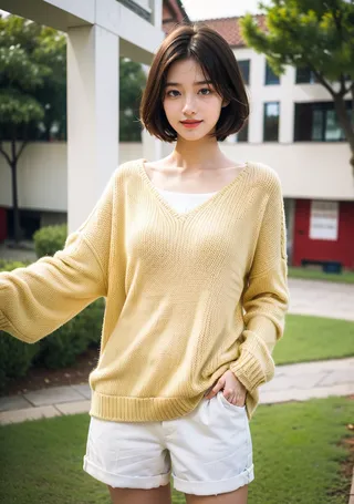 A young woman with short dark hair wearing a light yellow knitted sweater and white shorts, standing outdoors with greenery and modern buildings in the background.