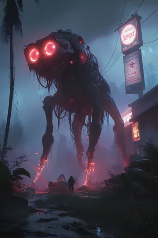 A towering grim giant robot with bright red neon eyes stands in a dark, post-apocalyptic forest landscape illuminated by neon signs, with a lone human figure beneath.