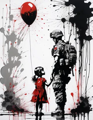 Black and white painting featuring a little girl in a red dress holding hands with an army soldier, giving him a red balloon, surrounded by red and black paint splatters.