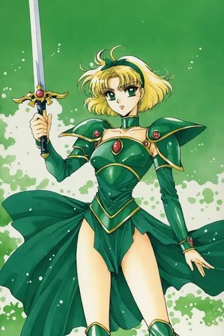 Hououji Fuu character wearing a green armored dress with red gem accents, holding a sword with a decorative hilt, blonde hair with a green hairband, green eyes, set against a green background in a 1990's retro watercolor anime style.