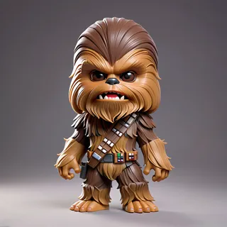 A chibi-style highly detailed Chewbacca figurine with a plain grey background, featuring intricate fur textures and a bandolier.