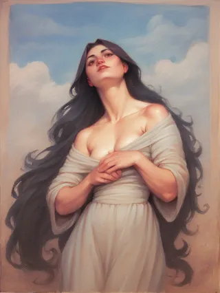 Portrait of a curvy woman with long dark hair in Waterhouse style fine art parody, wearing flowing light fabric against a cloudy sky background.