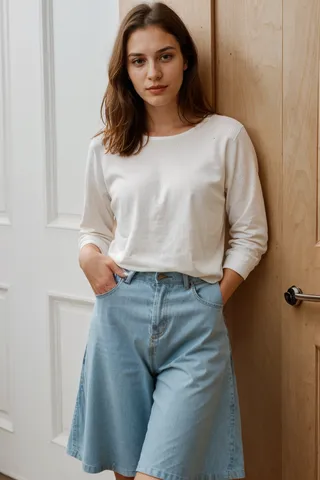 Young woman in casual white long-sleeve shirt and denim shorts standing indoors leaning against a wooden door, hands in pockets, looking at the camera with natural expression.