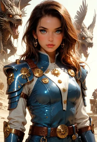 Portrait of a young space pirate captain wearing blue chrome armor with gold buttons and epaulettes, standing confidently with two fierce fantasy dragons in the background.