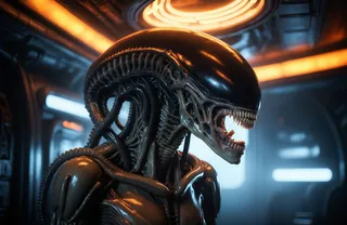 Close-up hyperrealistic xenomorph queen creature inside a dimly lit sci-fi spacecraft with neon and orange atmospheric lighting
