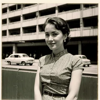 Black and white portrait of a beautiful woman in a patterned Qipao with short hair, standing in front of a parking garage with vintage cars in the background.
