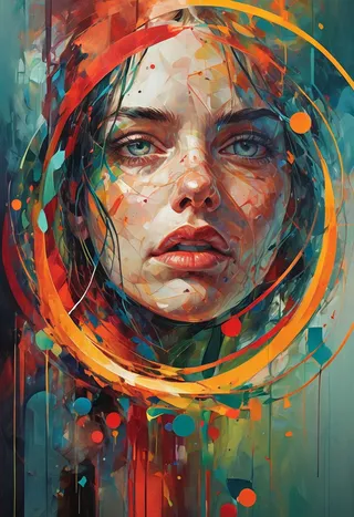 A hyper-detailed digital abstract portrait of a woman surrounded by vivid geometric shapes and colors, featuring circular and polygonal patterns with bright reds, blues, and oranges.