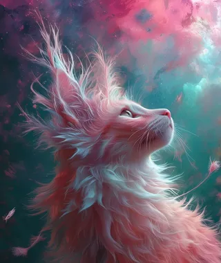 A surreal digital painting of a whimsical fantasy cat with ethereal fur looking up against a colorful, dreamy sky background