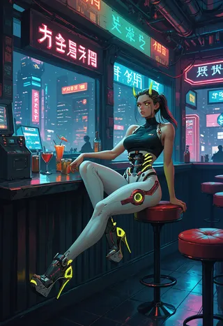A cyberpunk girl with mechanical torso and glowing clothes sits on a bar stool inside a neon-lit city restaurant, wearing high heels and horns.