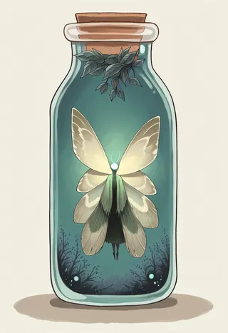 A glowing humanoid fairy with light green moth wings floating inside a round jar sealed with a cork, surrounded by dark intricate plant-like patterns inside the jar.