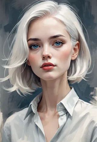 Minimalist painterly illustration of a young woman with striking white hair, deep blue eyes, fair skin, wearing a white shirt, set against a muted dark grey background.