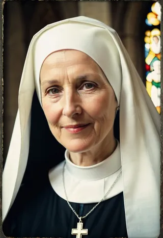 Photorealistic vintage Polaroid portrait of a graceful elderly nun wearing a traditional habit and veil, with a cross pendant, set against stained glass windows in a Catholic church.