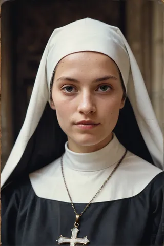 Photorealistic portrait of a young nun wearing a traditional habit and hair veil, framed like an old Polaroid photo with a cross pendant visible.