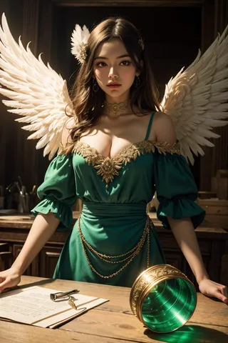 Close-up portrait of a fantasy woman with large feathery angel wings wearing a green dress adorned with gold embellishments, standing behind a wooden table with ornate objects.