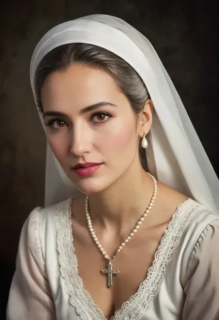 Portrait of a graceful young maid wearing a white cotton habit and hair veil, with a pearl necklace and cross pendant, brown eyes, and pink lips against a dark vintage-style background.