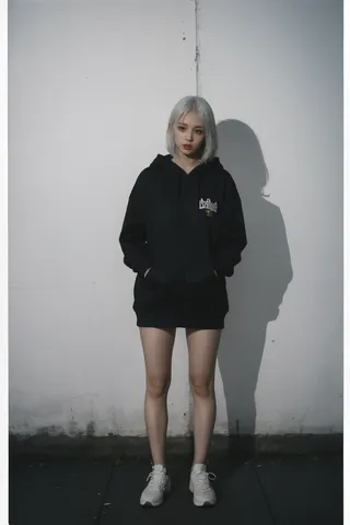 Junge Frau mit weißen Haaren, die an einer Wand steht, einen schwarzen Hoodie und weiße Sneaker trägt und einen Schatten an der Wand hinter sich wirft.