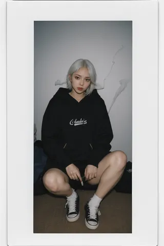 Photorealistic image of a white-haired girl wearing a black hoodie and black sneakers, sitting with legs apart, holding a blunt and surrounded by smoke, shot with film grain effect.