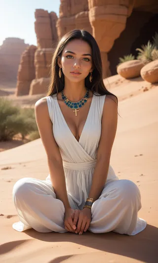 A seductive young woman sitting cross-legged in deep meditation at a desert oasis, wearing a white dress and intricate jewelry with desert rock formations in the background.