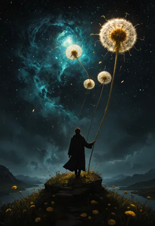 A silhouetted figure stands on a grassy hill holding giant dandelions glowing under a mystical, starry night sky with deep blues and glowing clouds.