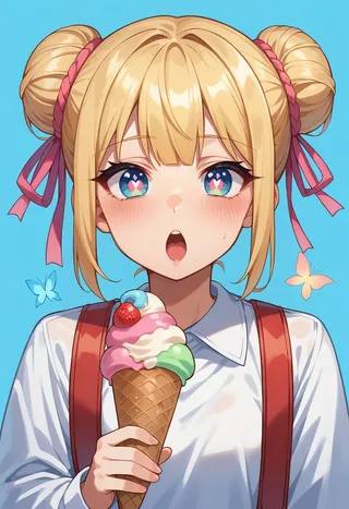 A blonde girl with double bun hairstyle and pink ribbons is holding a large ice cream cone with multiple colorful scoops against a blue background. She has butterfly-shaped pupils and blush on her cheeks, wearing a white shirt and red suspenders.