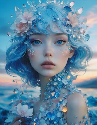 Portrait of a surreal fashion girl with luminous blue hair adorned with flowers and shimmering crystals during the blue hour.