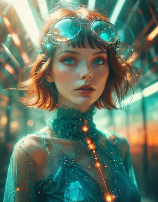 A surreal portrait of a fashion girl with teal-themed glowing energy nodes and dreamy lens flares, wearing transparent frosted glass accessories.