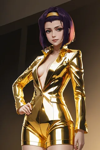A girl with purple hair and a yellow hairband wearing a shiny gold suit, smiling and posing with one hand on her hip