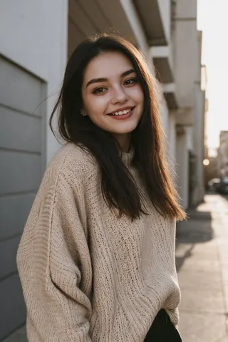 A happy young woman with dimples wearing an oversized beige sweater, standing outdoors in soft natural sunlight with a grainy texture filter.