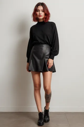 Full body portrait of a young woman with red bob hair wearing a black top, black leather skirt, black boots, and a tattoo on her leg