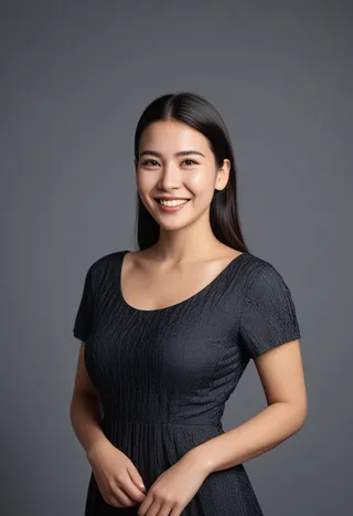 Portrait of a smiling woman with long black hair wearing a textured black dress in a photostudio with soft studio lighting and a gray background.