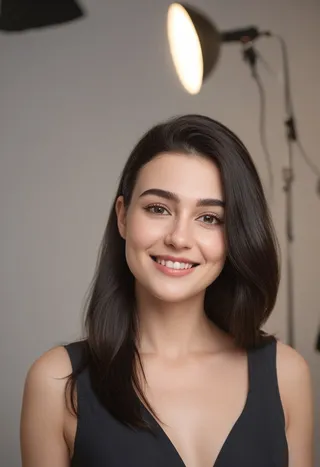 Portrait of a 30-year-old American woman with long black hair, slight makeup including heavy mascara, clear skin, wearing a high quality black dress, smiling in a photostudio with studio lighting and bokeh background.