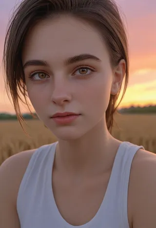 Close-up of a 30-year-old American woman with brown eyes, wearing a white tank top, standing in a wheat field at dawn with a colorful sky and bokeh lights.