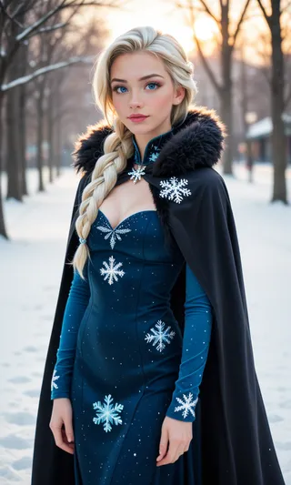 Woman in Elsa cosplay wearing a dark blue winter dress decorated with snowflake patterns, a dark fur-trimmed cape, and a long blonde braid, standing outdoors in a snowy setting.