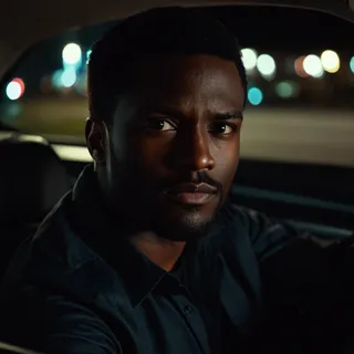 Dark-skinned man driving a car at night captured in a cinematic anamorphic style with dramatic chiaroscuro lighting and bokeh city lights in the background.