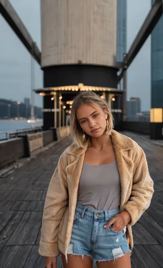 Young woman with buzz-cut hair stands outdoors on wooden pier wearing a light brown fur coat, gray tank top, and distressed denim shorts with urban buildings in the background.