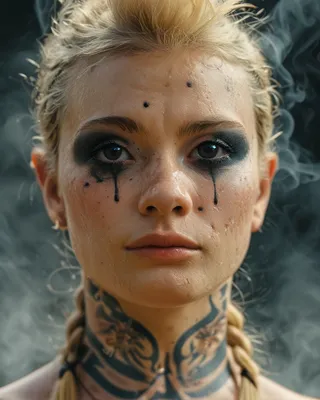 Close-up portrait of a Nordic woman with mohawk blonde braided hair, dark smoky eye makeup with tears of black war paint, runes tattoos on neck, and an epic battleground smoke background