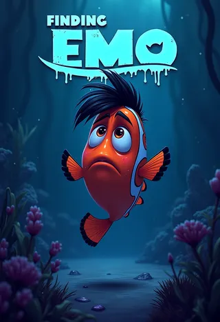 Digital illustration of a depressed emo clownfish with black hair and piercings, swimming in a dark underwater scene with the title 'Finding Emo' in a dripping, grungy font above.
