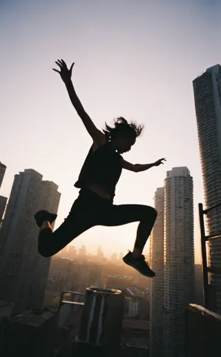 Silhouette of a freerunner mid-leap between high-rise buildings with a cityscape illuminated by the setting sun at dusk.