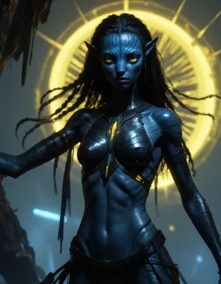 A female Avatar alien with blue skin wearing black ancient rusty knight armor, standing in front of glowing yellow god rays, with dark and moody lighting.