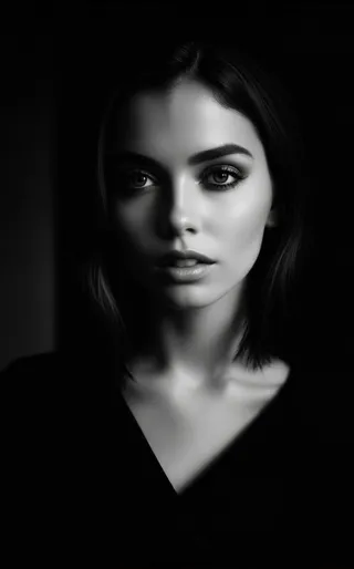 Black and white elegant portrait of a young woman with studio lighting, highlighted eyelashes in sharp focus and softly blurred facial features.
