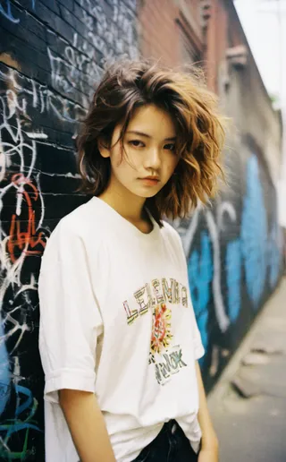A teenage girl with messy hair and subtle smirk leans against a graffiti-covered wall in an urban alley, wearing a graphic white t-shirt.