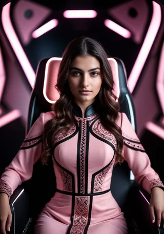 Young Lebanese woman wearing an intricate Millennial Pink tribal dress seated on a matte black high-tech throne with soft backlit cinematic lighting.