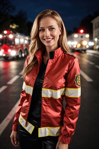 German woman in red firefighter outfit standing on a street at night with a seductive smile, emergency vehicles and lights in the background