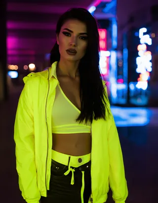 A woman with black hair wearing neon yellow clothing, including a crop top and jacket, stands in a night urban setting illuminated by vibrant neon lights with a blurred background.