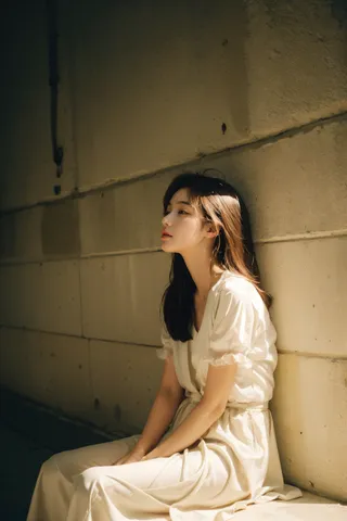 A young woman in a creamy white gown sits against a textured wall in a dimly lit tunnel with a vintage yellowish tone, looking contemplative and melancholic.